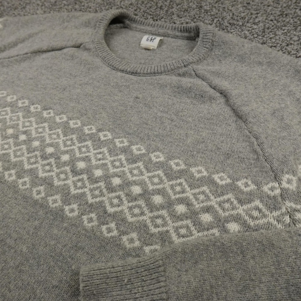 GAP‎ Sweater Mens XLT Gray White Merino Wool Nordic Fair Isle Crewneck Knit Soft